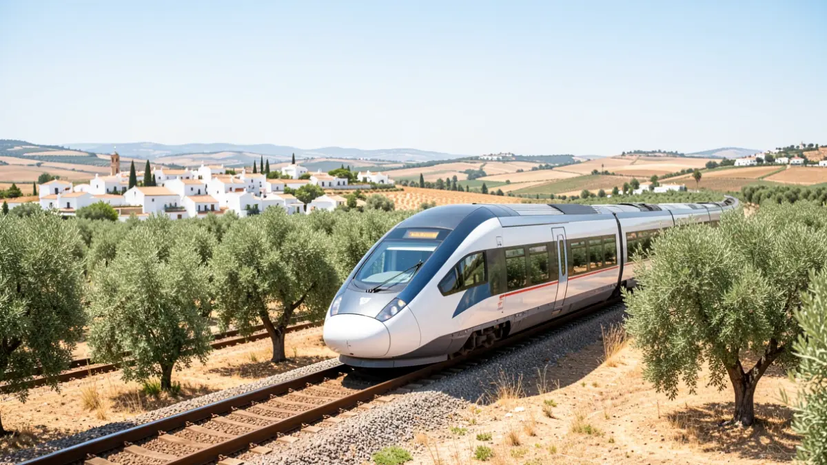 High-speed train traveling through the Andalusian countryside in summer.
