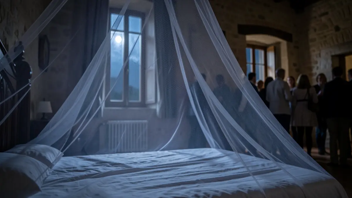 Mosquitera cubriendo una cama en una habitación con luz tenue y elementos arquitectónicos mediterráneos.
