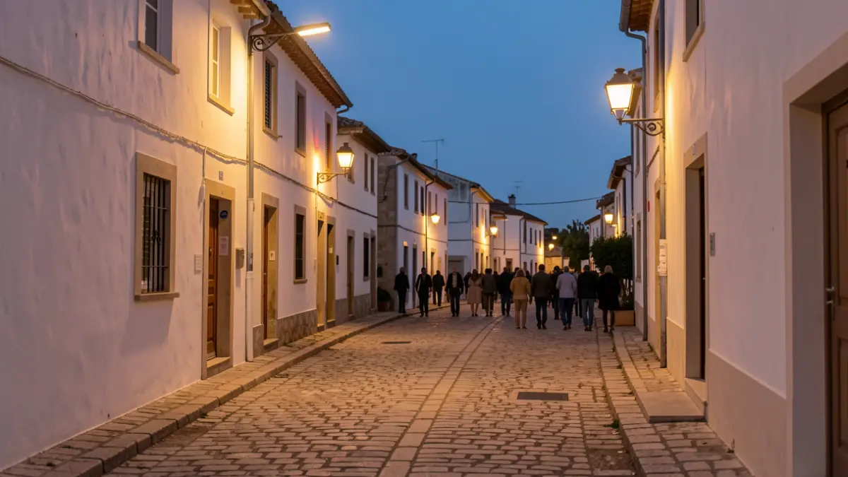 Generic image of LED street lighting in an Andalusian village street at dusk.