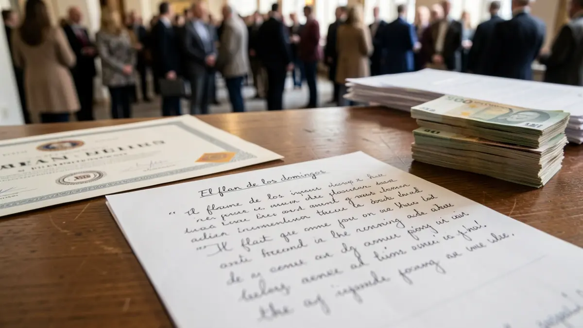 Primer plano de un manuscrito de relato corto titulado 'El flan de los domingos' sobre un escritorio de madera, con un diploma y euros al fondo.