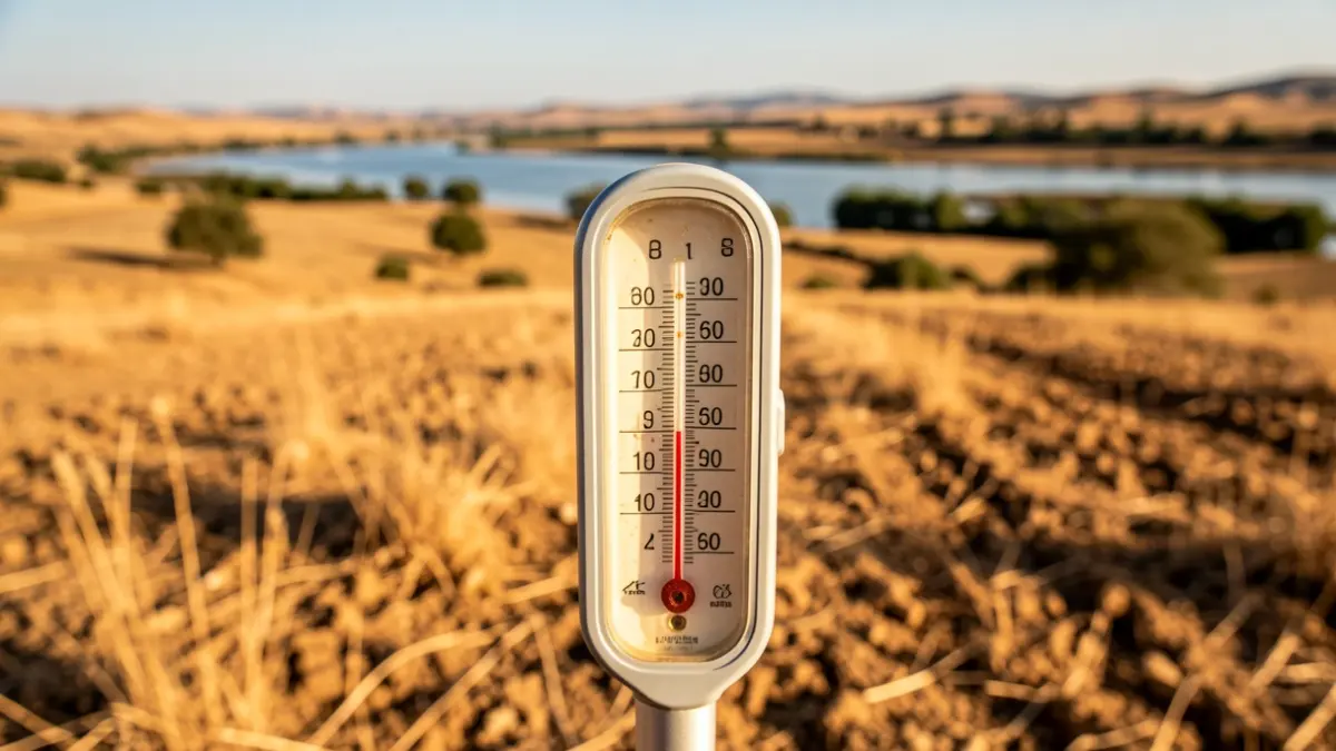 Termómetro marcando alta temperatura en un paisaje seco de Andalucía.