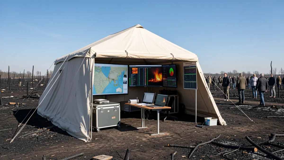 Generic image of an advanced command post in a forest fire affected area.