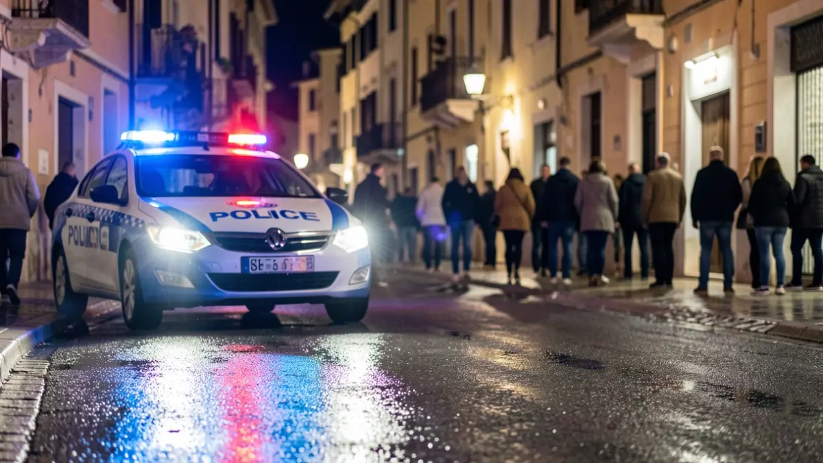 Luces de emergencia policiales reflejándose en el asfalto mojado por la noche.