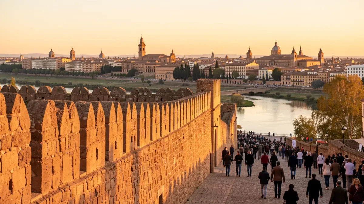 Muralla almohade de San Lorenzo en Úbeda al atardecer con vistas al valle.
