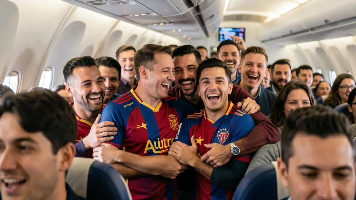 Spanish fans celebrating the national team's victory on an airplane.