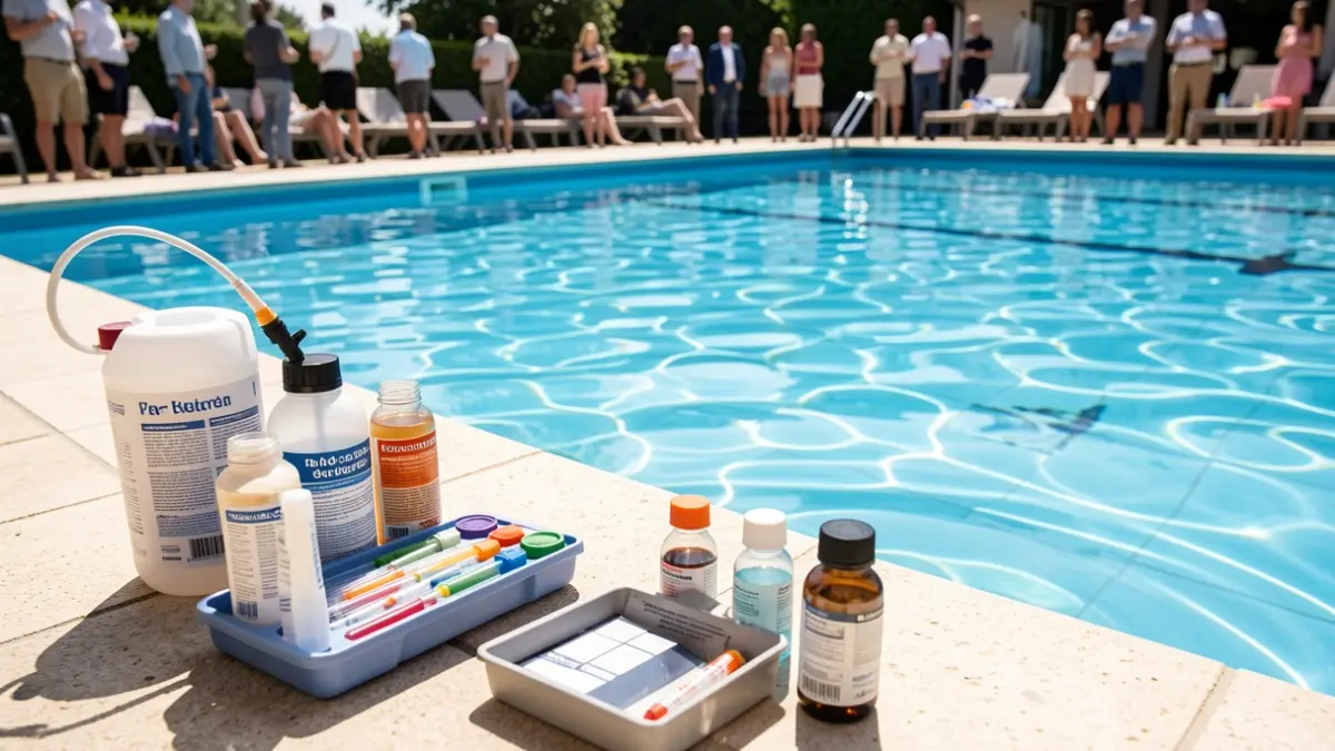 Chemical treatment equipment for swimming pools next to the water.