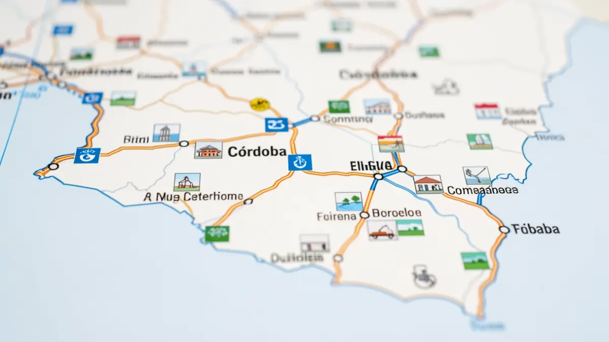 Map of the province of Cordoba with public works icons.