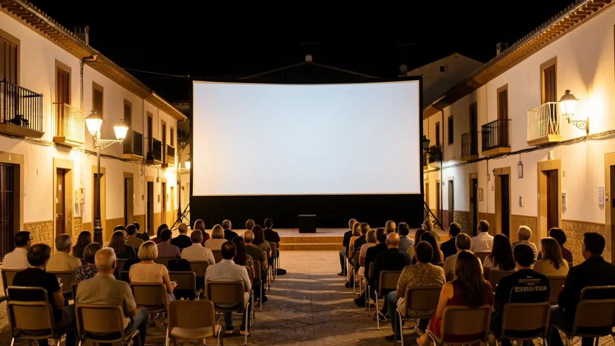 Imagen genérica de una pantalla de cine al aire libre por la noche en una plaza de pueblo andaluz.