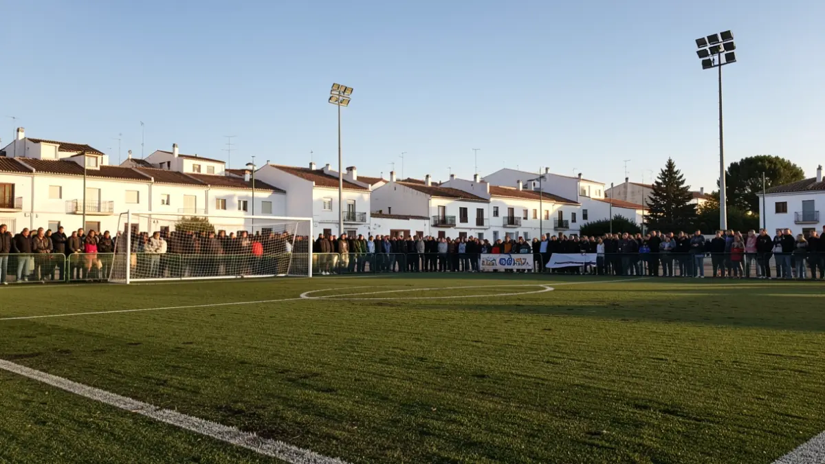 Campo de fútbol de césped natural en un estadio español con gradas y luces al atardecer.