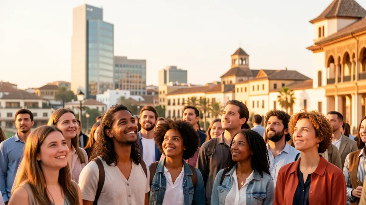 Young people looking towards the city, symbolizing housing opportunities.