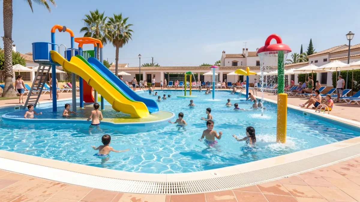 New children's area at the Pozoblanco municipal pool with slides and water games.