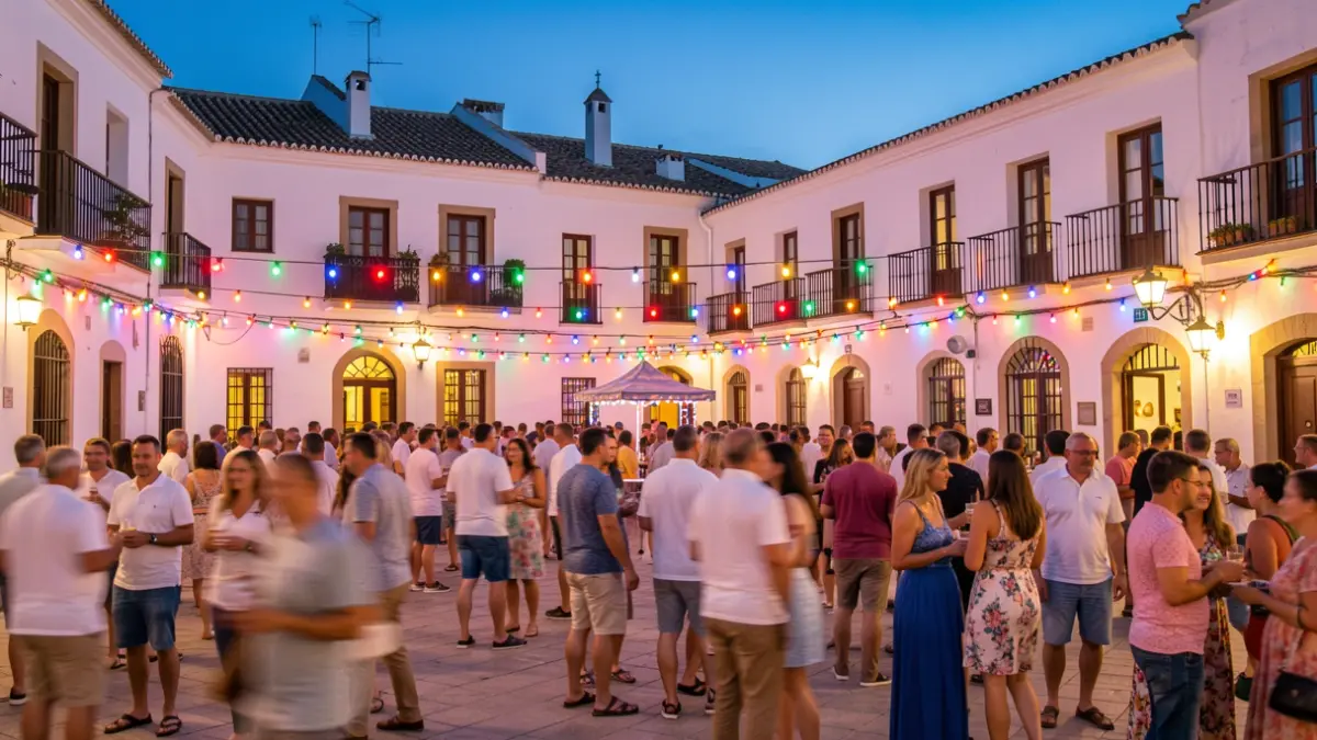 Town square in an Andalusian village during a summer festival at dusk, with colorful lights and people enjoying themselves.