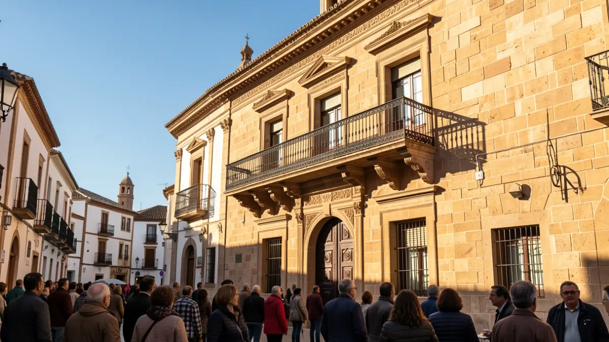 Facade of a traditional Andalusian town hall with an ornate balcony and iron railings, warm afternoon sunlight.