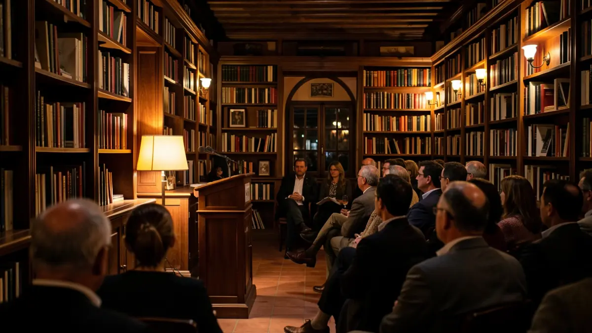 Imagen genérica de un local cultural andaluz con estanterías y un escenario.