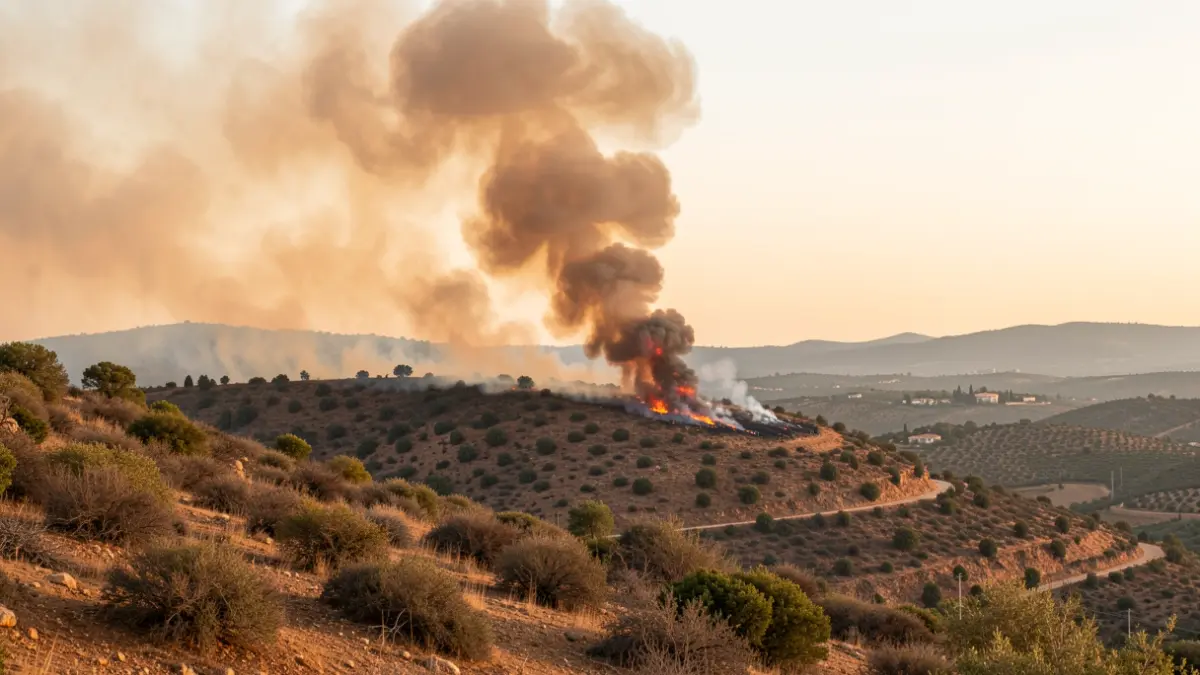 Imagen genérica de un incendio forestal en una ladera con humo.