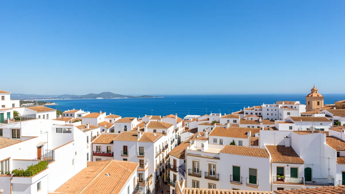 Cielo soleado sobre Velez-Málaga con edificios blancos y el mar Mediterráneo al fondo.