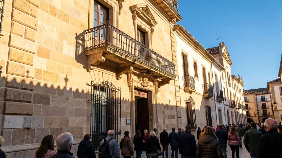 Fachada de un ayuntamiento andaluz con balcón y barandillas de hierro, luz de sol de la tarde.