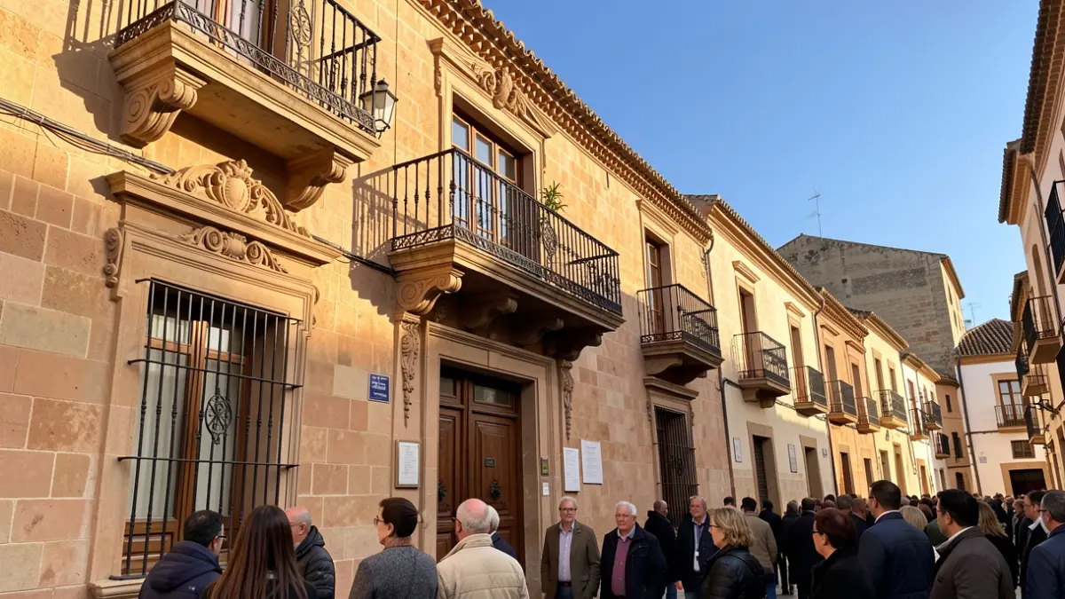 Fachada de un ayuntamiento andaluz tradicional con balcón y barandillas de hierro, luz cálida de tarde.
