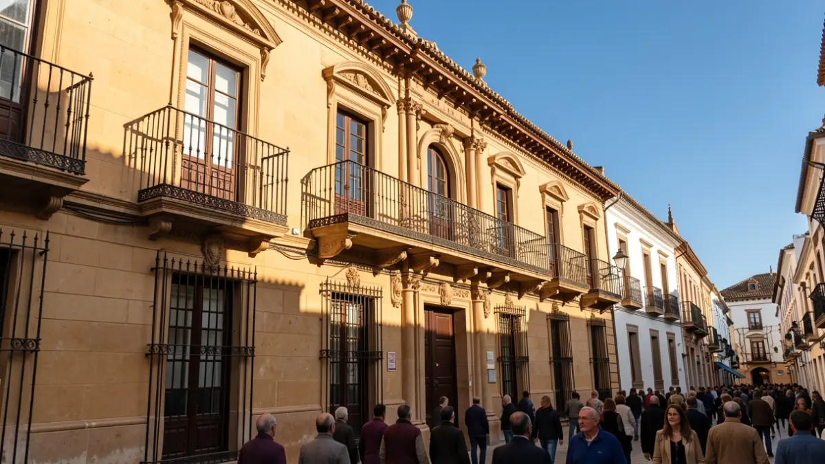Fachada de un ayuntamiento andaluz con balcón y barandillas de hierro, bajo la luz del sol de la tarde.