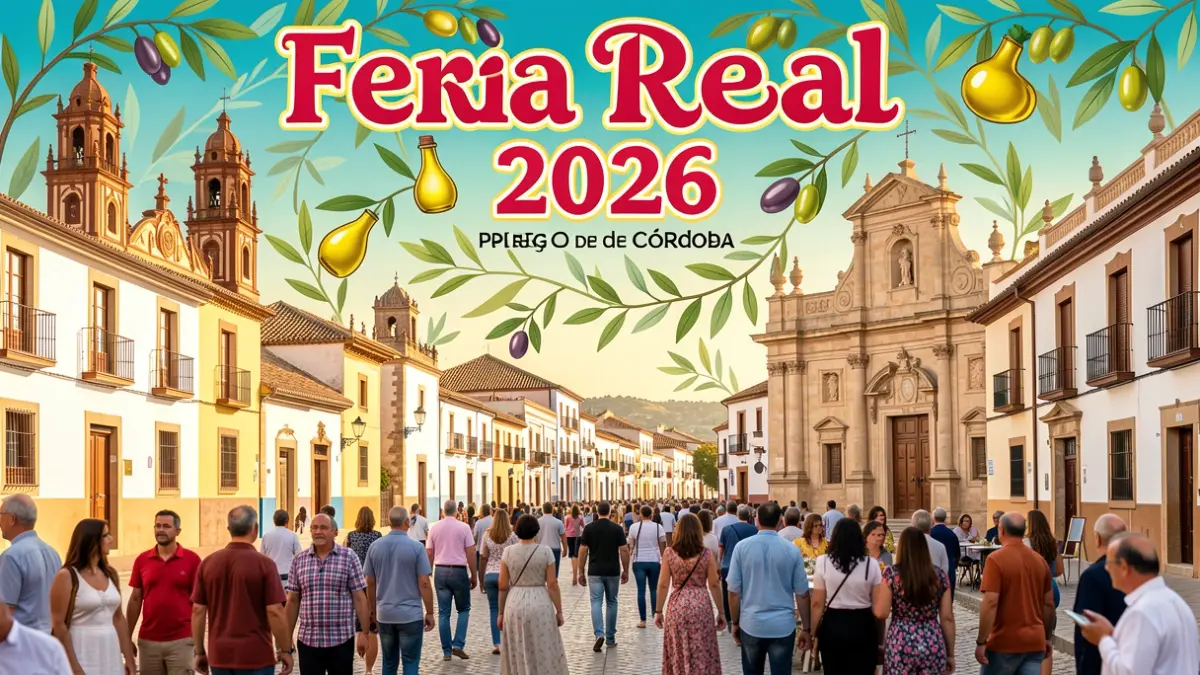 Cartel anunciador de la Feria Real 2026 de Priego de Córdoba, con elementos patrimoniales y de aceite de oliva.