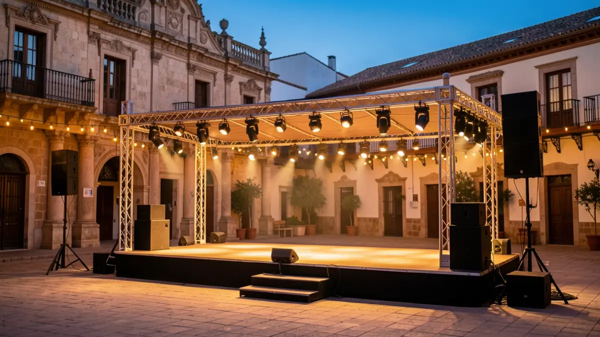 Escena de un escenario exterior en una plaza histórica andaluza al atardecer, con arquitectura de piedra y luces cálidas.