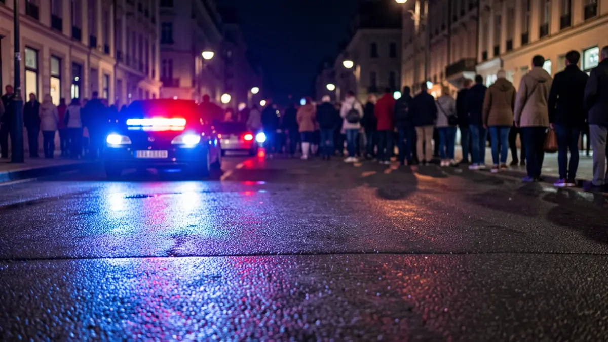 Generic image of police emergency lights reflecting on wet asphalt.
