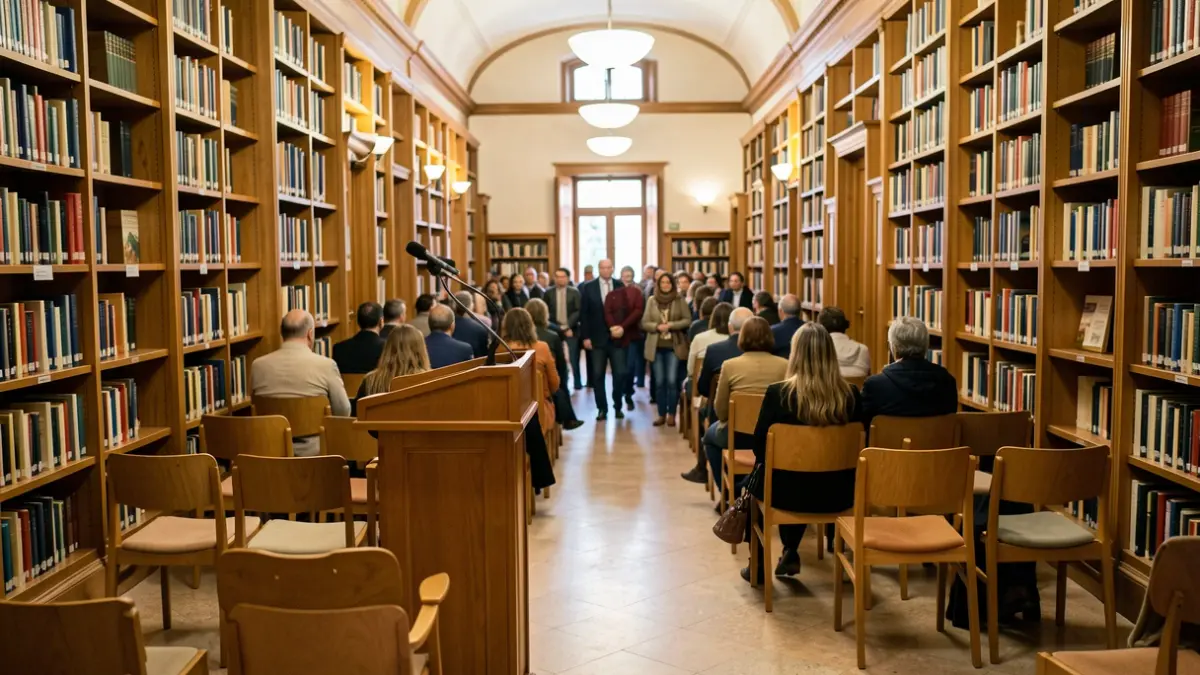 Generic image of an Andalusian public library with bookshelves and a podium.