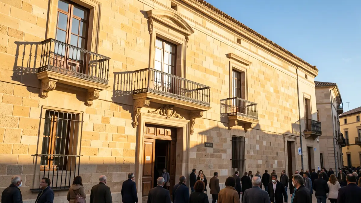 Stone facade of an Andalusian town hall with balcony and iron railings, warm afternoon light.