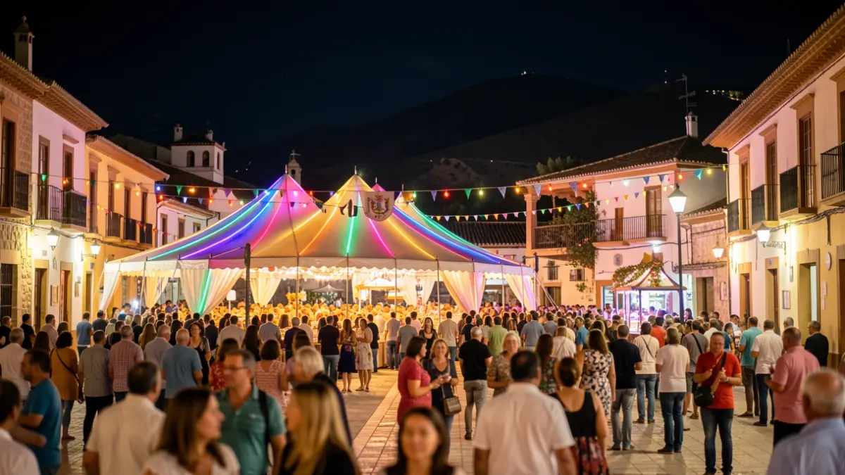 Plaza de un pueblo de Sierra Nevada iluminada por la noche durante unas fiestas patronales.