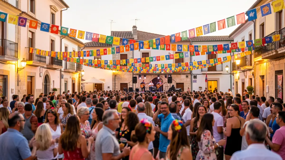 Plaza del pueblo de Torrenueva Costa durante las Fiestas del Carmen con ambiente festivo.