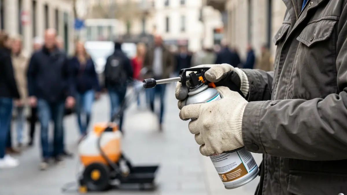 Hands of a pest control technician wearing gloves, holding a spray can, with blurred disinfection equipment in the background.