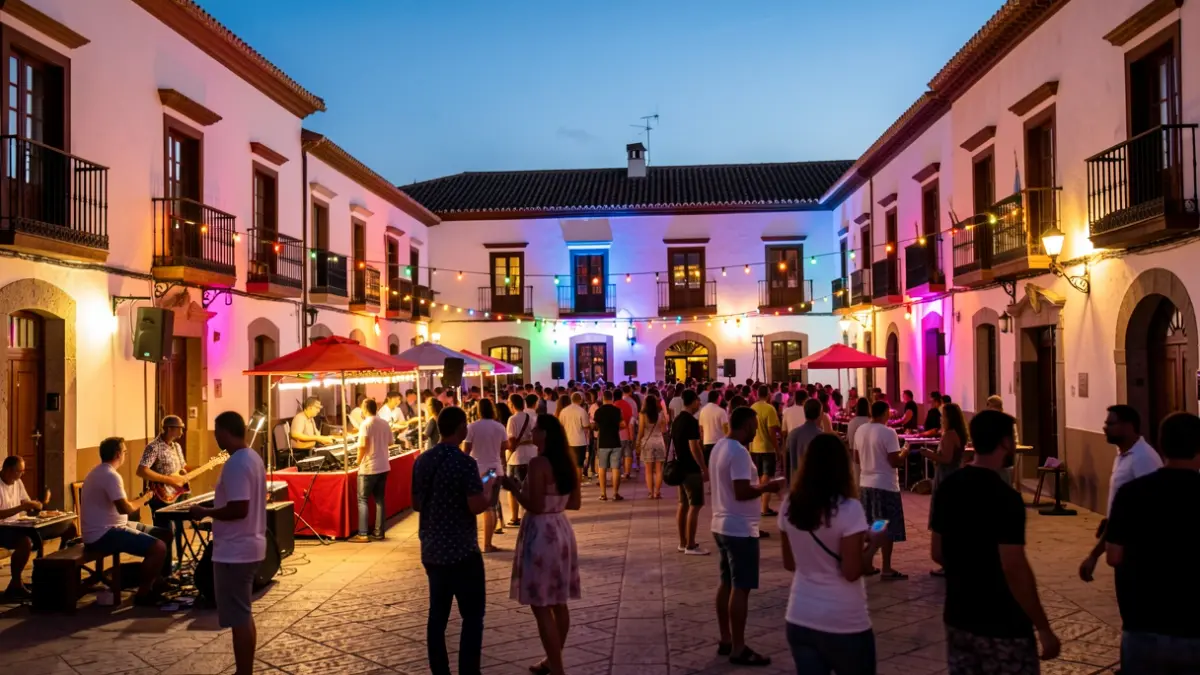 Generic image of a summer festival in an Andalusian square at dusk.
