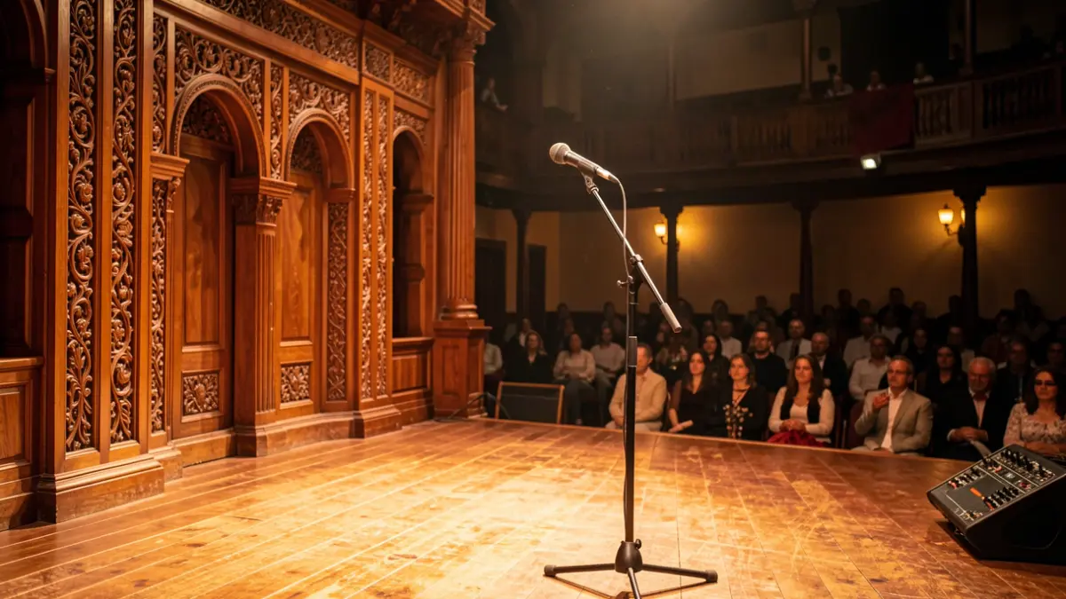Traditional Andalusian flamenco stage with a microphone and warm lighting.