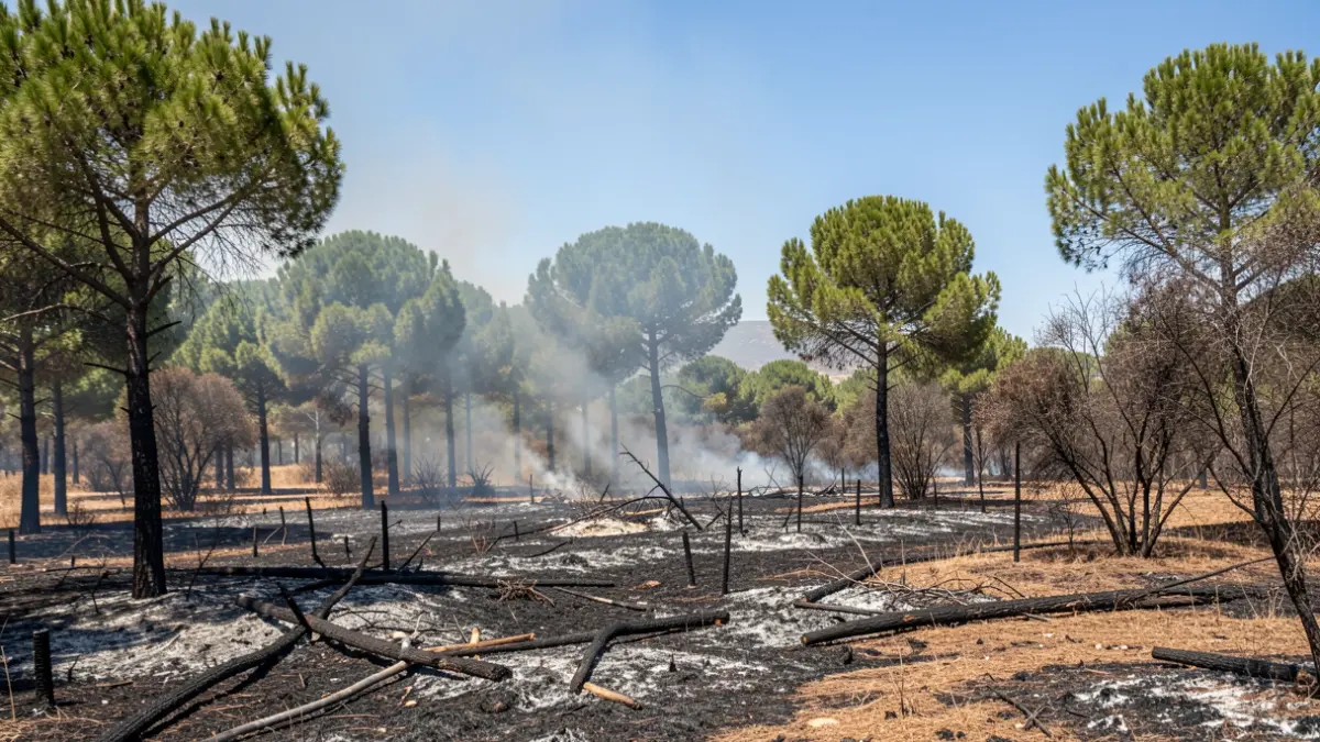 Imagen genérica de un incendio forestal con humo y vegetación quemada.