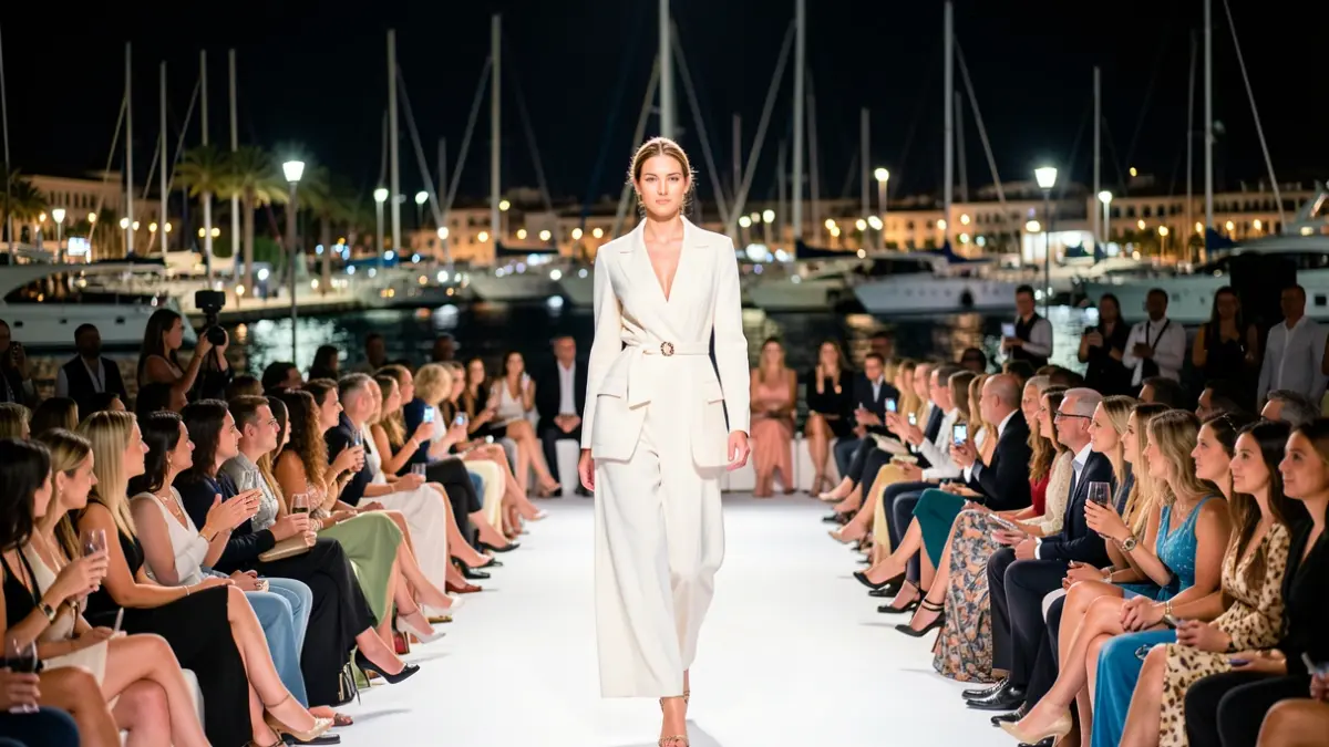 Fashion show in Puerto Banús with audience and lights.