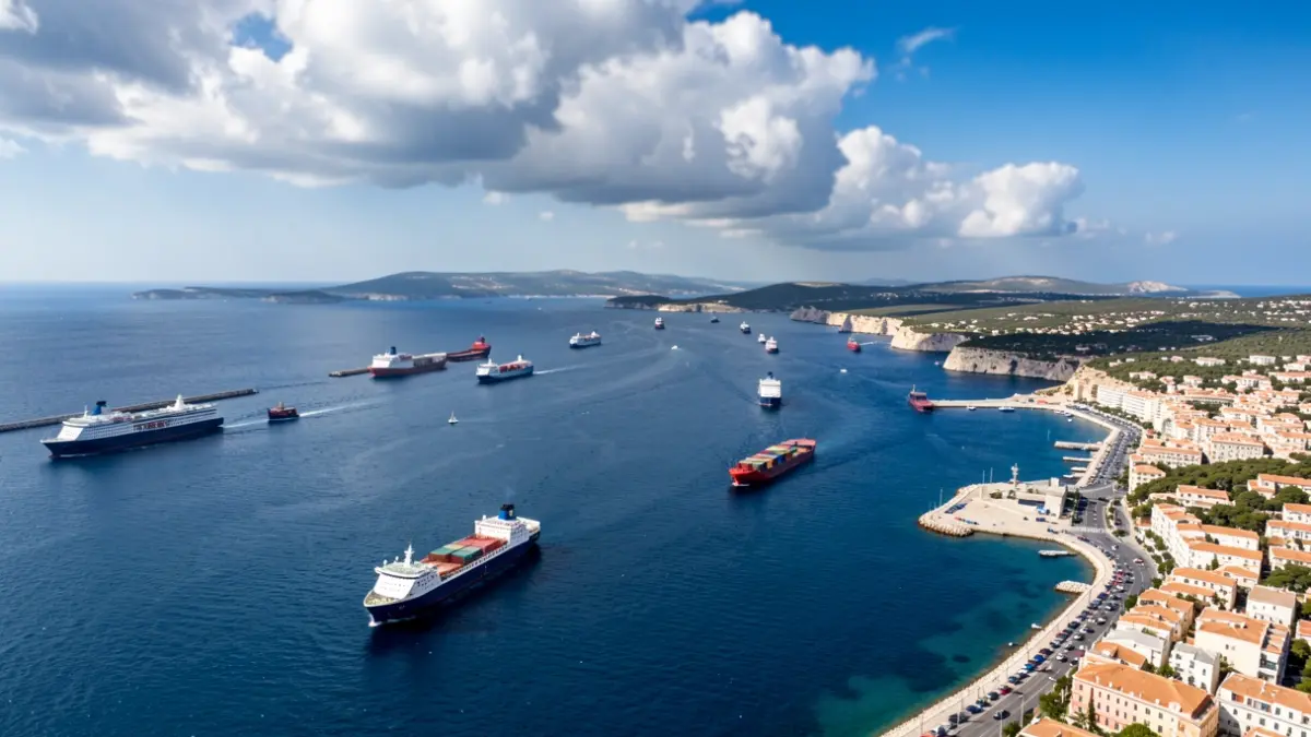 Aerial view of the Strait of Gibraltar with numerous ships.