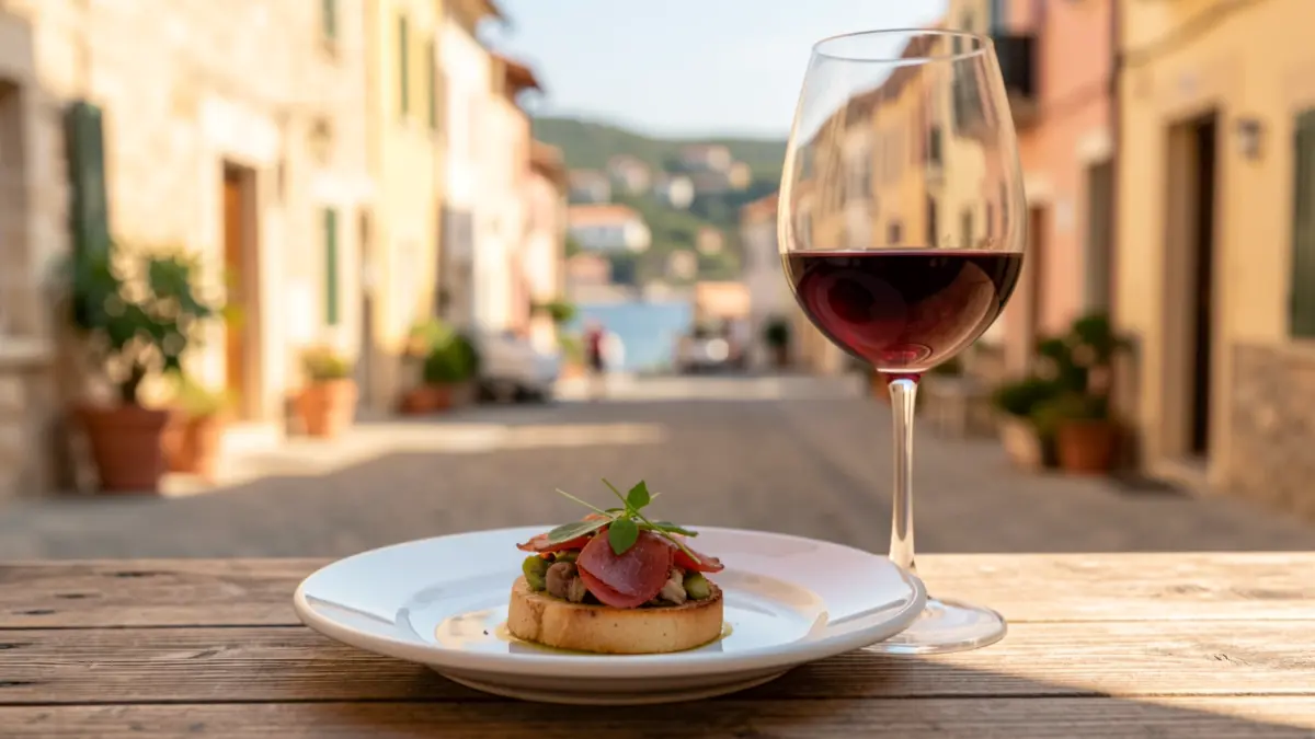 Generic image of a gourmet tapa with a drink on a terrace.