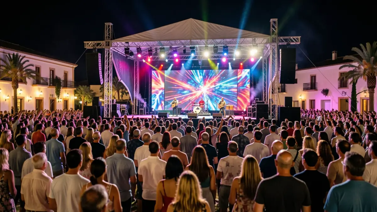 Night scene of an outdoor music festival in Andalusia with colorful lights and a crowd.