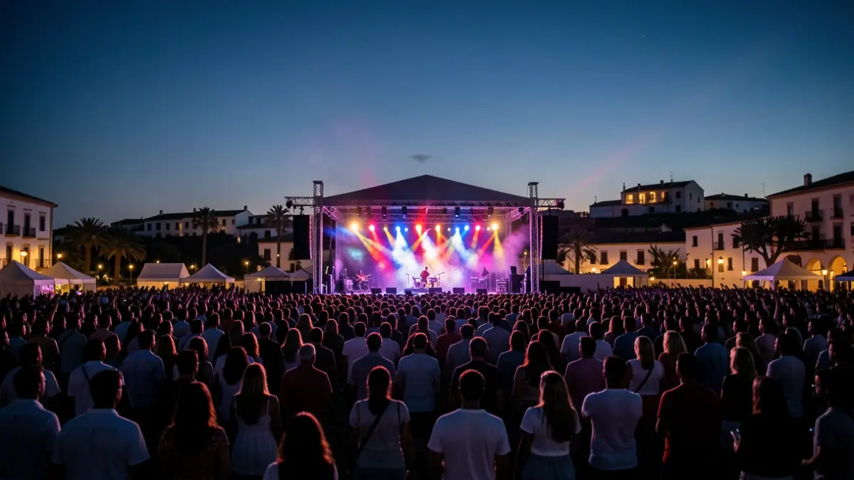 Imagen genérica de un festival de música al aire libre en Almería al atardecer, con luces de escenario y público.