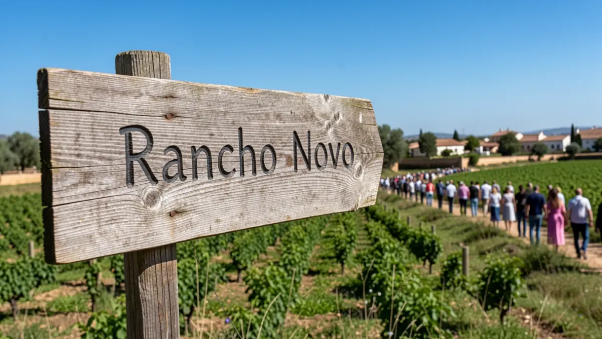 Rustic wooden sign with the name 'Rancho Novo' in an Andalusian natural setting.