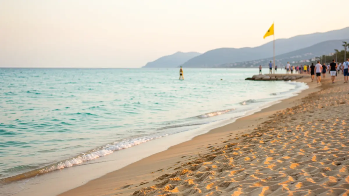Generic image of a Mediterranean beach with a yellow flag.