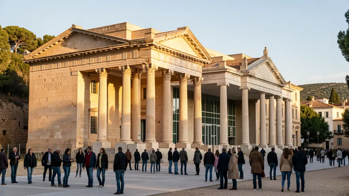 Fachada del museo Baelo Claudia en Andalucía, con elementos arquitectónicos romanos y diseño moderno, bajo la luz del sol de la tarde.