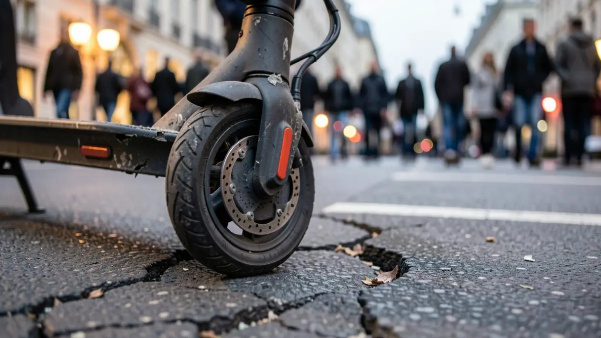 Close-up of a damaged electric scooter wheel on cracked asphalt, with blurred city lights in the background.
