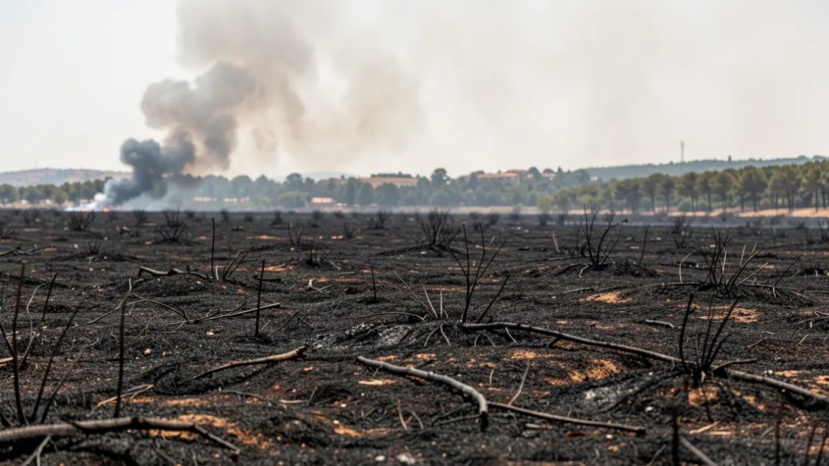 Desolate landscape covered in black ash after a forest fire, with smoke rising in the distance.