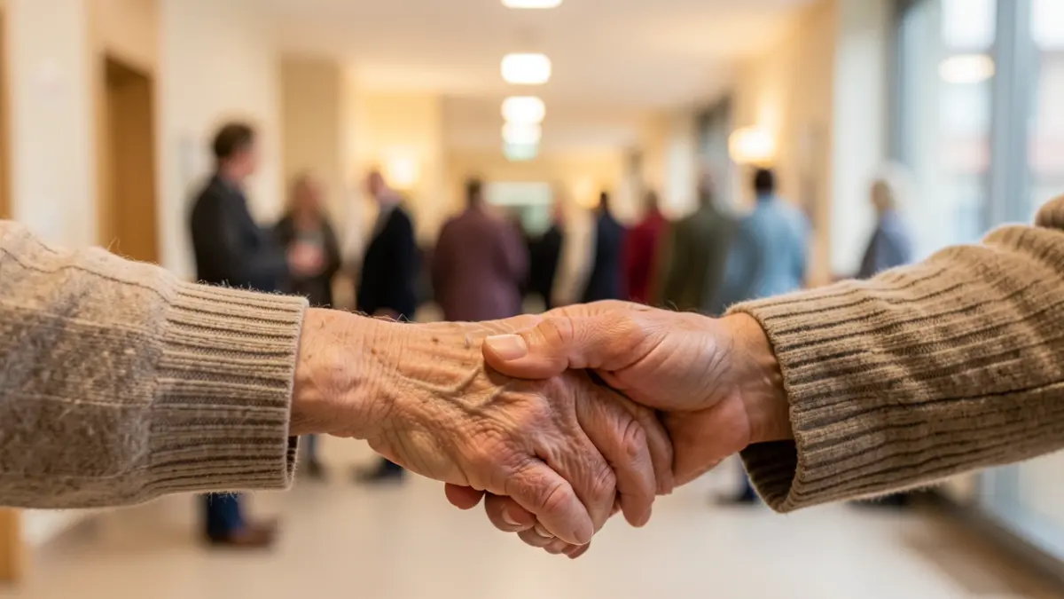 Close-up of a senior hand holding an elderly person's hand, with a blurred nursing home interior in the background.