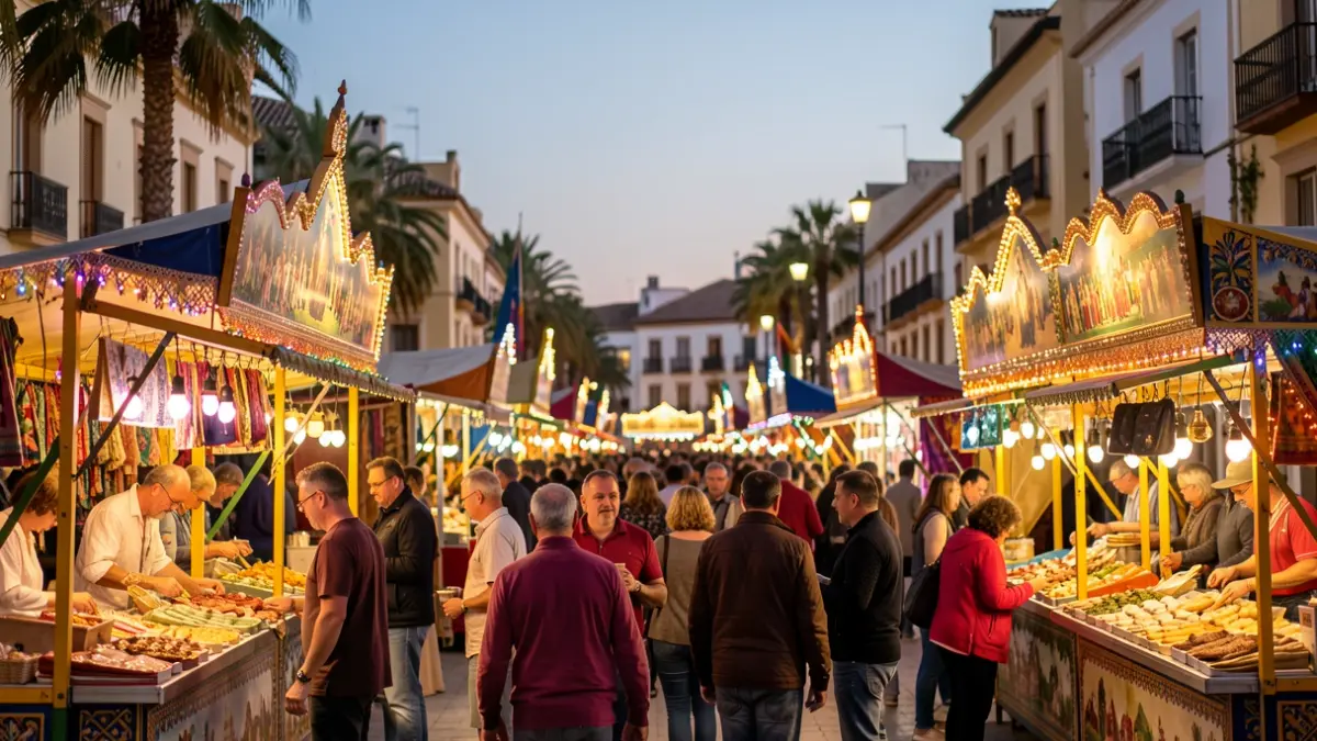 Generic image of an Andalusian fair with illuminated stalls at dusk.