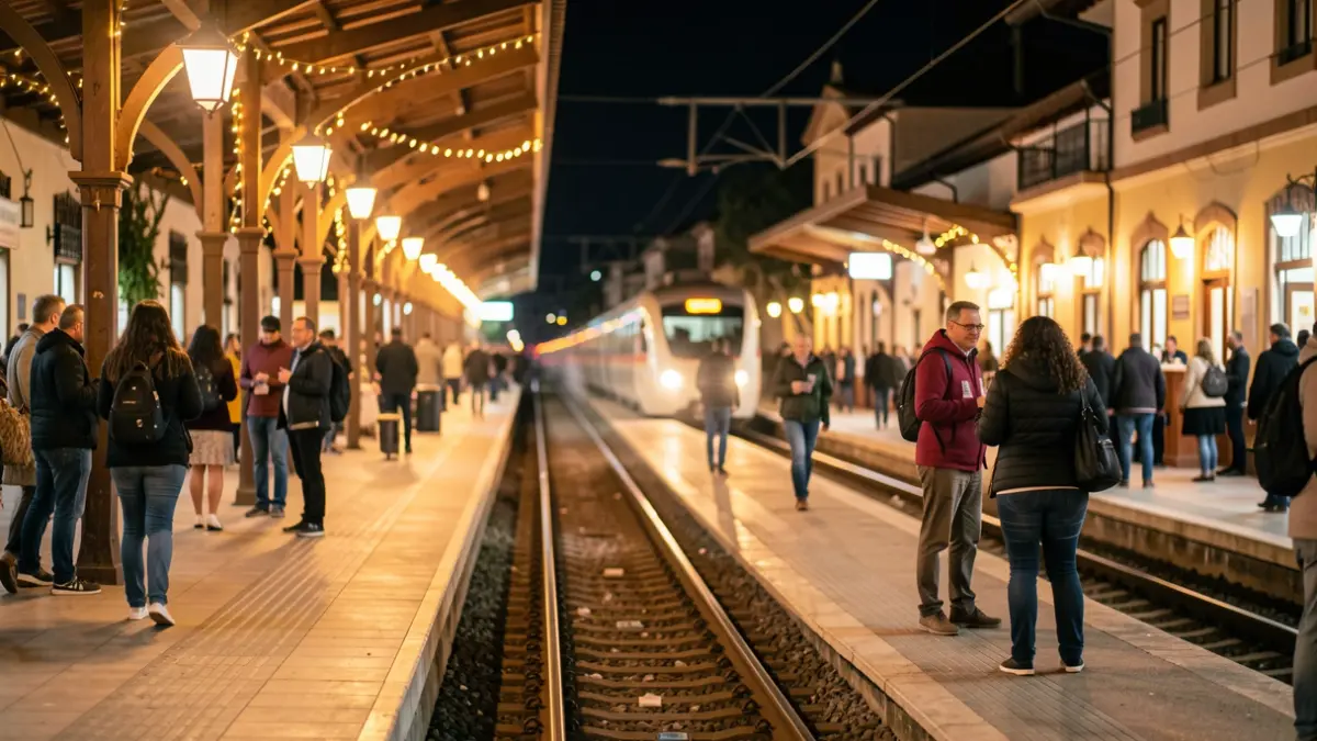 Generic image of an Andalusian train station at night with festive lights.