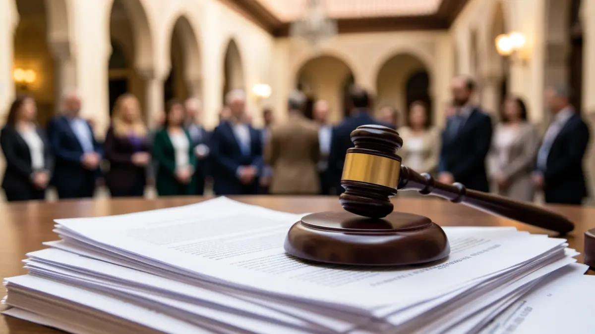 Generic image of a judge's gavel on legal documents with Andalusian architecture in the background.