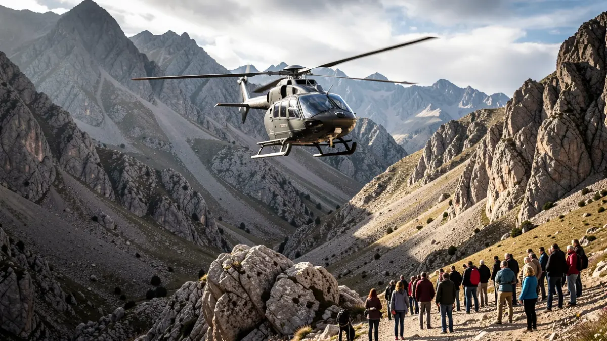 Image of a rescue helicopter flying over a difficult-to-access mountain area.