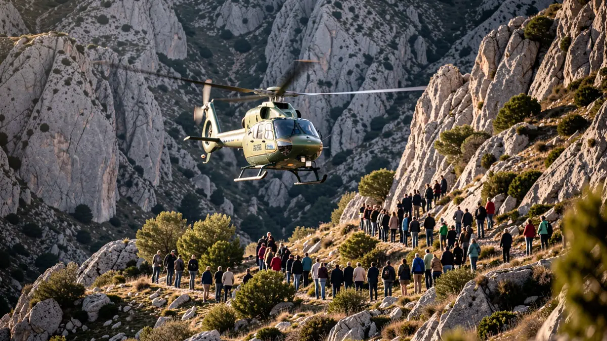 Helicóptero de rescate sobrevolando una ladera montañosa en Sierra Mágina.